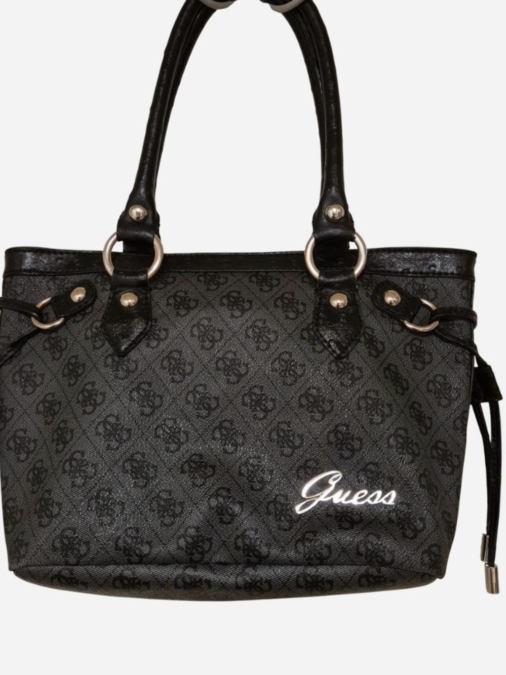Vintage Guess Black Logo Pattern Tote with Silver Hardware